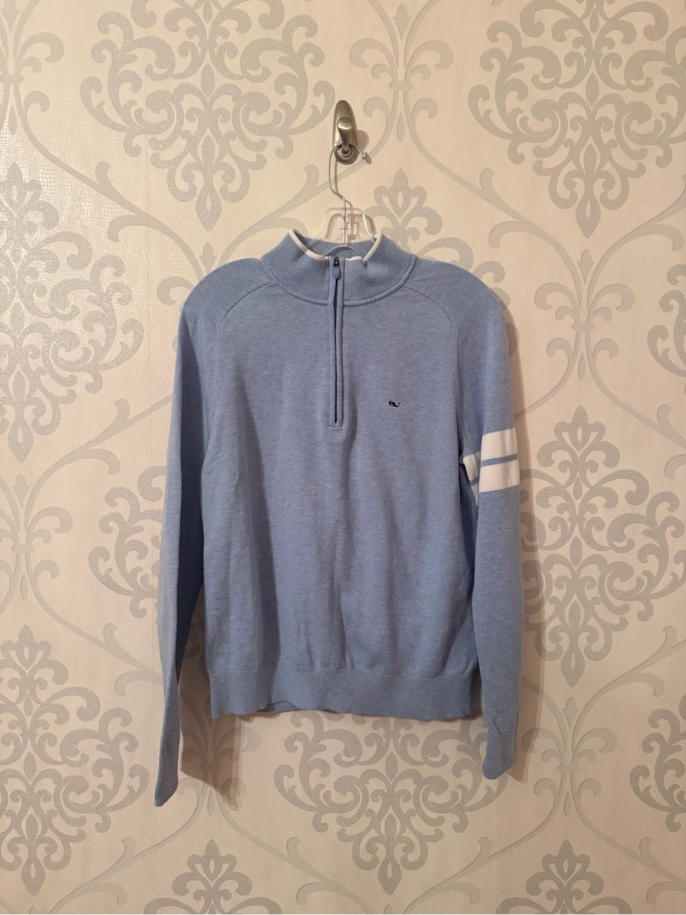 Light Blue Quarter-Zip Women’s Sweater with White Arm Stripes